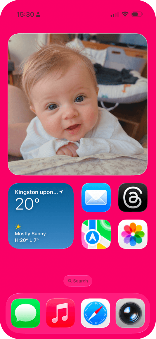 DayReel baby photo widget on an iPhone Home Screen